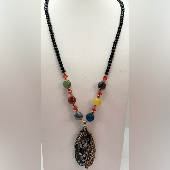 TIBETAN MULTI GEMSTONE HEALING CHAKRA BUDDHIST BEAD PENDANT NECKLACE - Picture 1 of 2